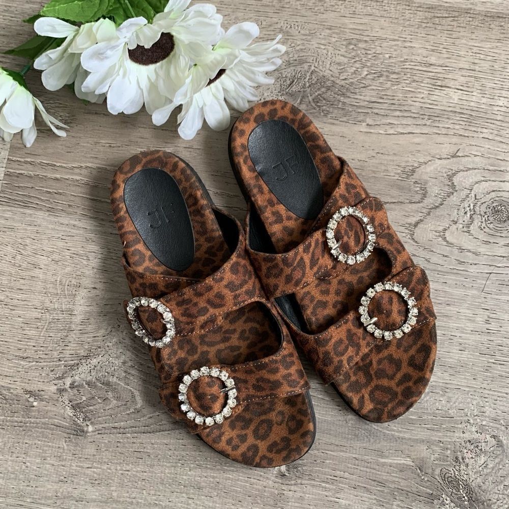 JUST FAB ANIMAL PRINT SLIDES RHINESTONE BROWN - Picture 2 of 8